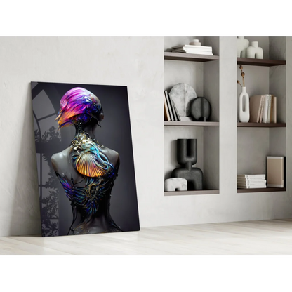 Vibrant iridescent purple fantasy figure glass wall art canvas print