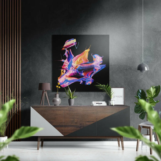 Vibrant abstract swirl painting on brushed aluminium dibond panel