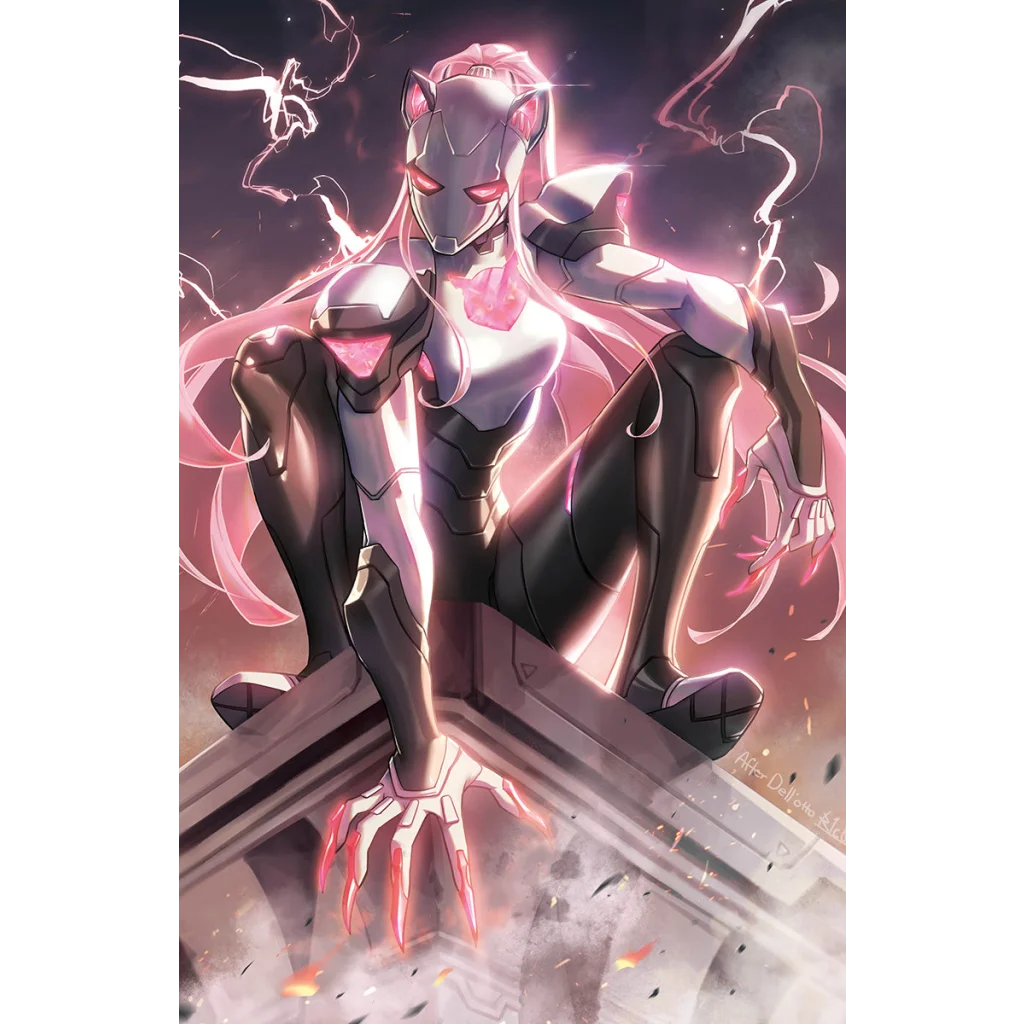 Armored female with glowing pink accents in Iron Cat Armor Unleashes Epic Marvel Mayhem