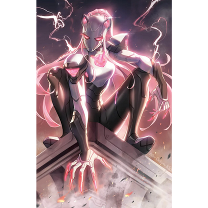 Armored female with glowing pink accents in Iron Cat Armor Unleashes Epic Marvel Mayhem