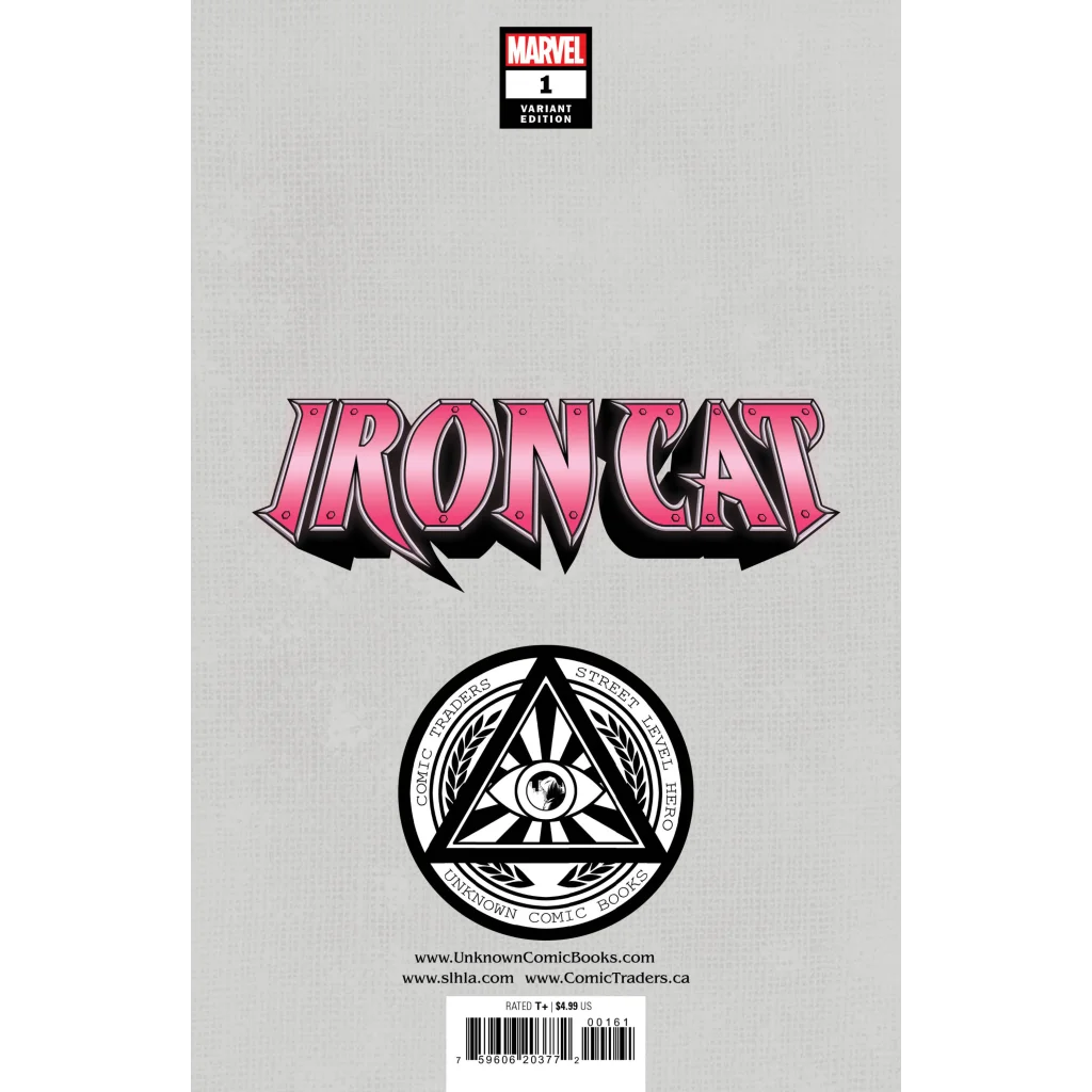 Back cover of Iron Cat comic with pink Iron Cat armor lettering for Iron Cat fans