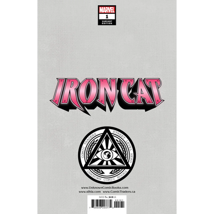 Back cover of Iron Cat comic with pink Iron Cat armor lettering for Iron Cat fans