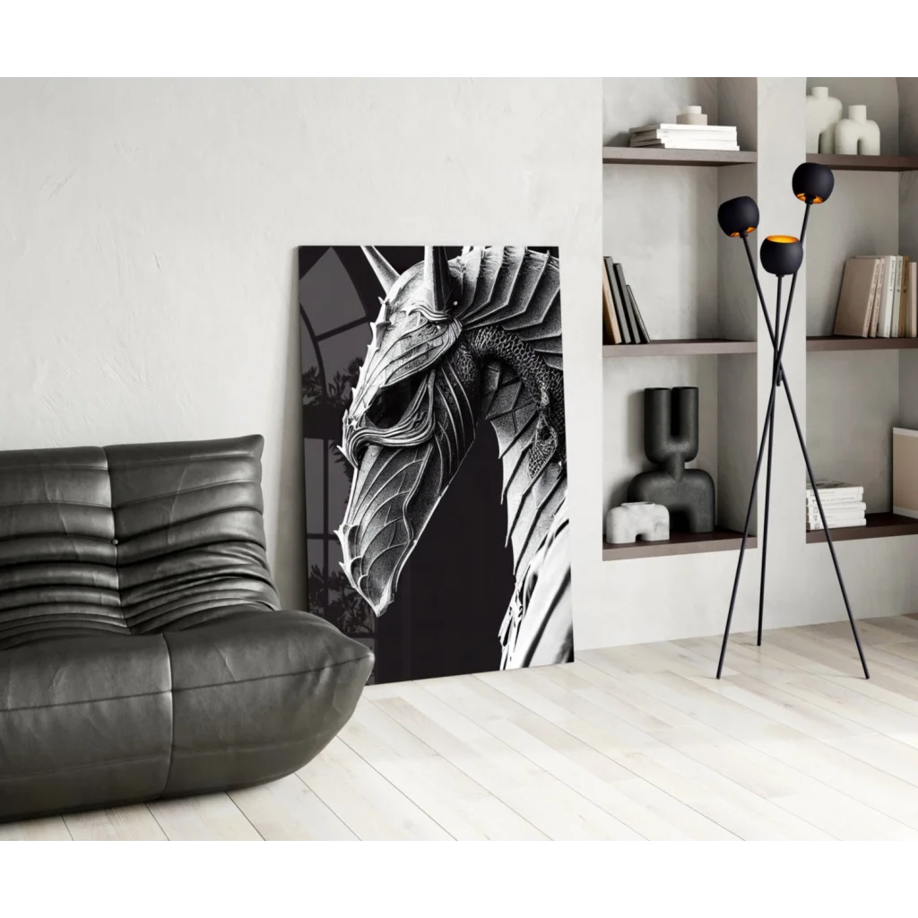 Stylized black and white dragon head glass wall art canvas print