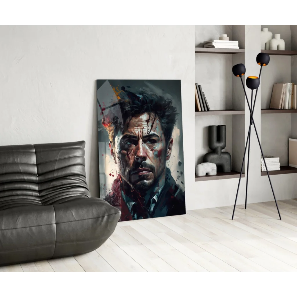 Dramatic Tony Stark glass wall art portrait with red splatters