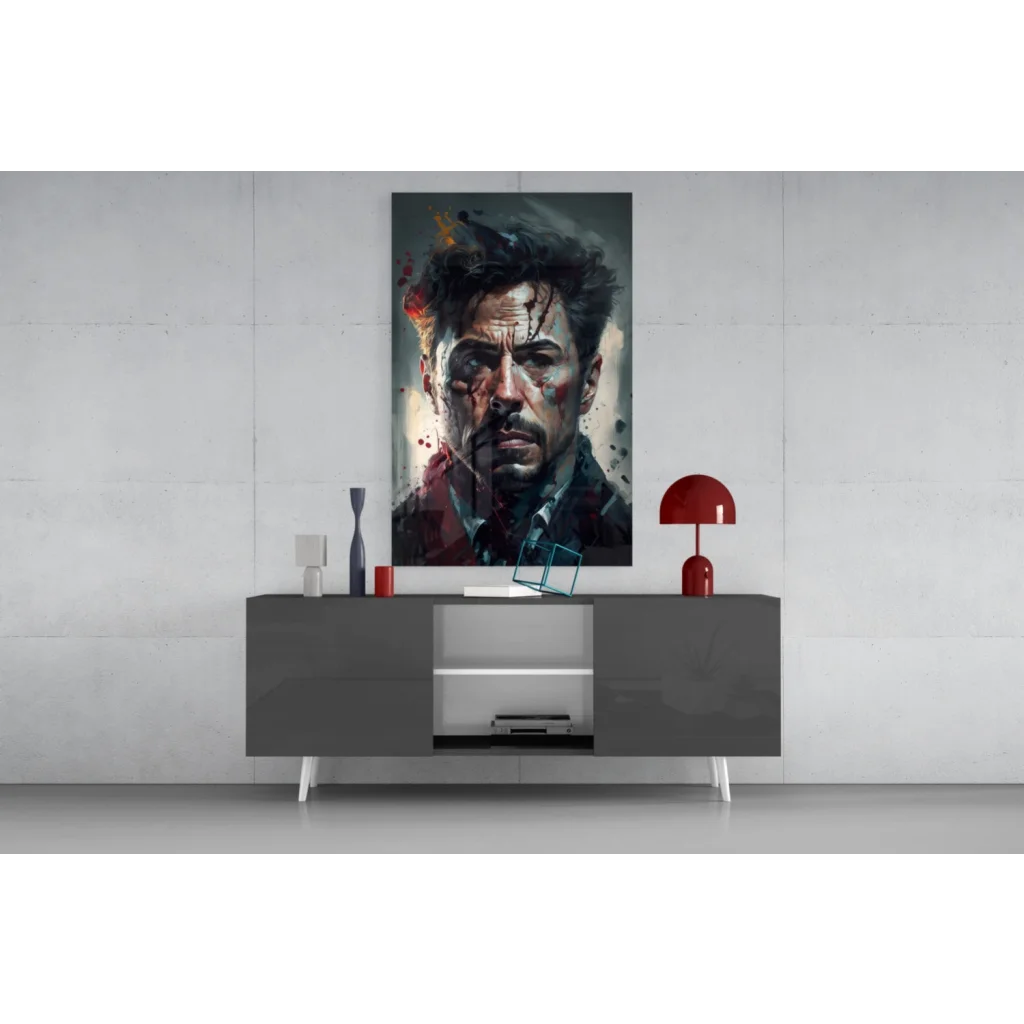 Abstract Tony Stark glass wall art portrait in dark tones with red orange splashes
