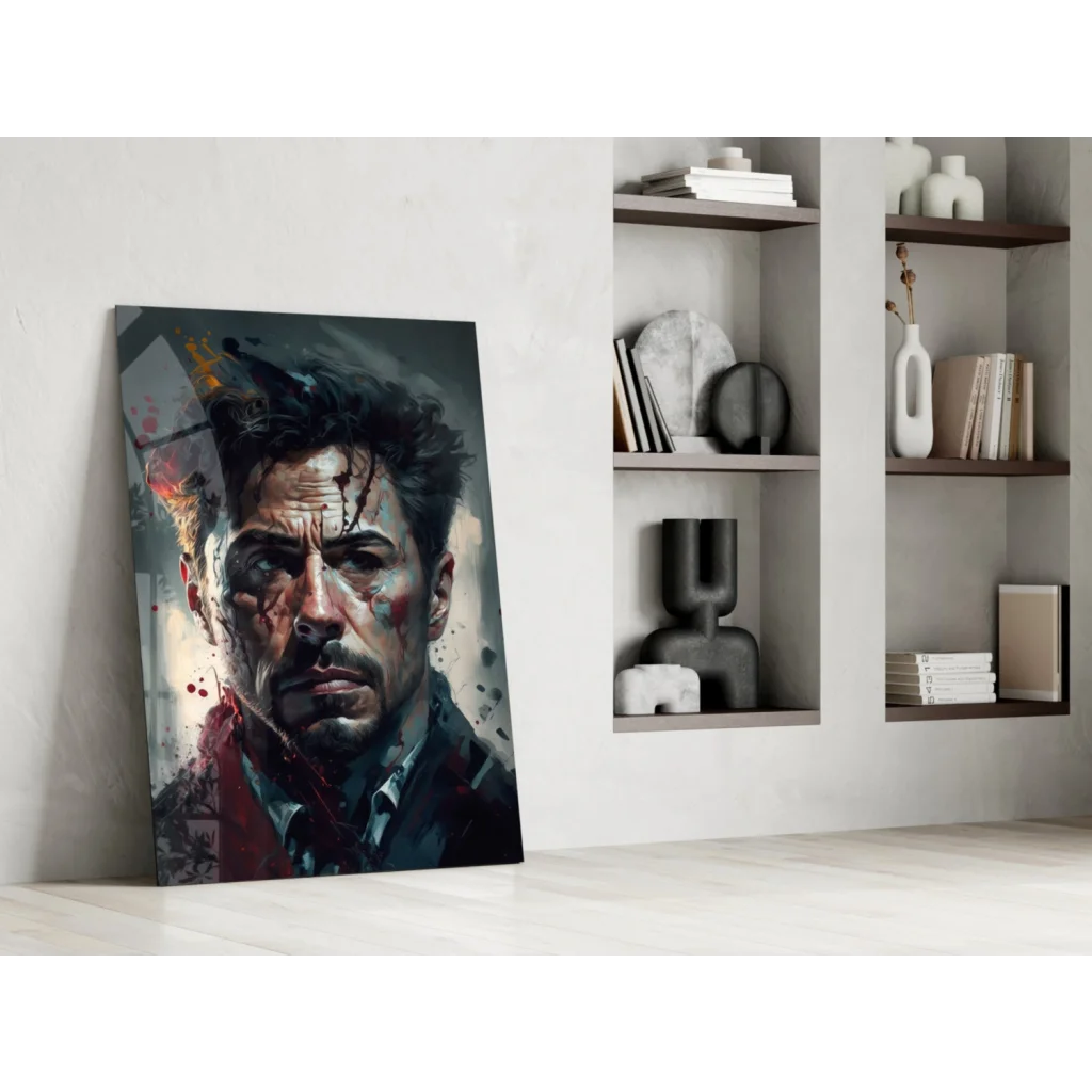 Dramatic Tony Stark glass wall art portrait in bold black, gray, red, white