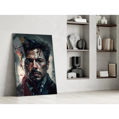 Dramatic Tony Stark glass wall art portrait in bold black, gray, red, white