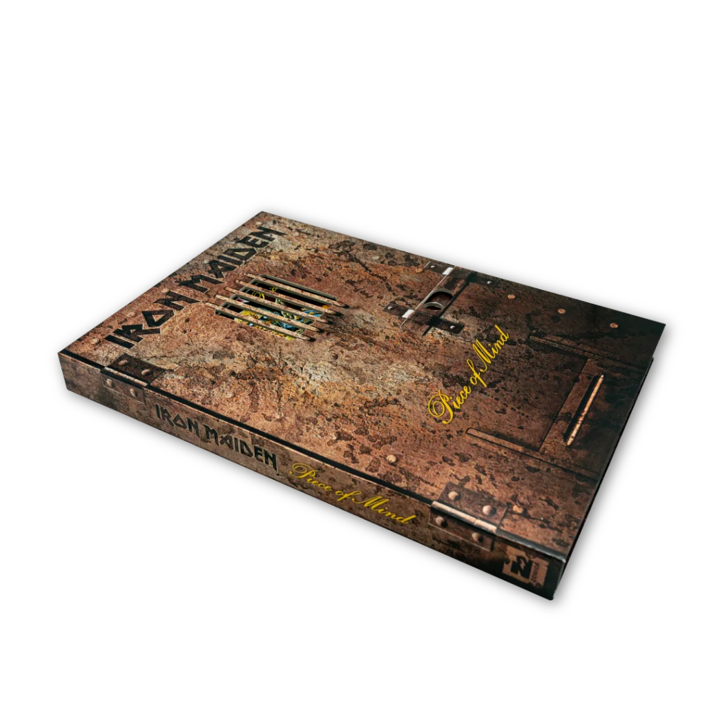 Iron Maiden Piece of Mind album in rusted metal-look slipcase by Rantz Hoseley