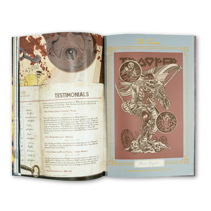 Open book with illustrations and text from Iron Maiden Piece of Mind Deluxe Box Set by Rantz Hoseley