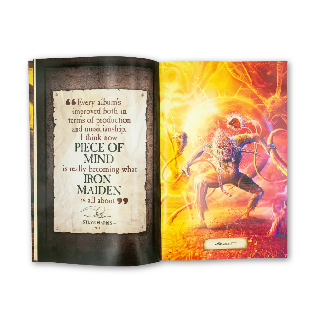 Open book with quote and illustration from Iron Maiden Rantz Hoseley deluxe set