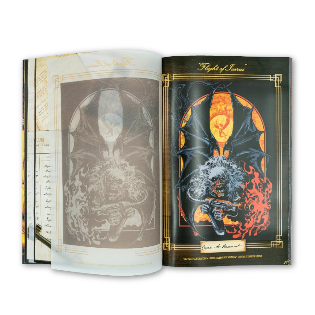 Open book with winged monstrous figure illustration from Iron Maiden Rantz Hoseley box set