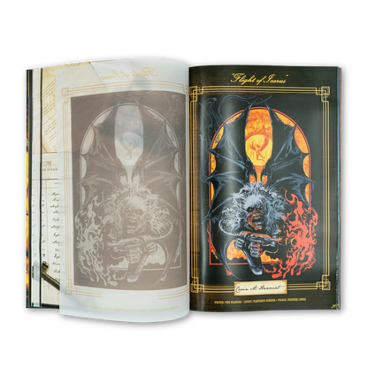 Open book with winged monstrous figure illustration from Iron Maiden Rantz Hoseley box set