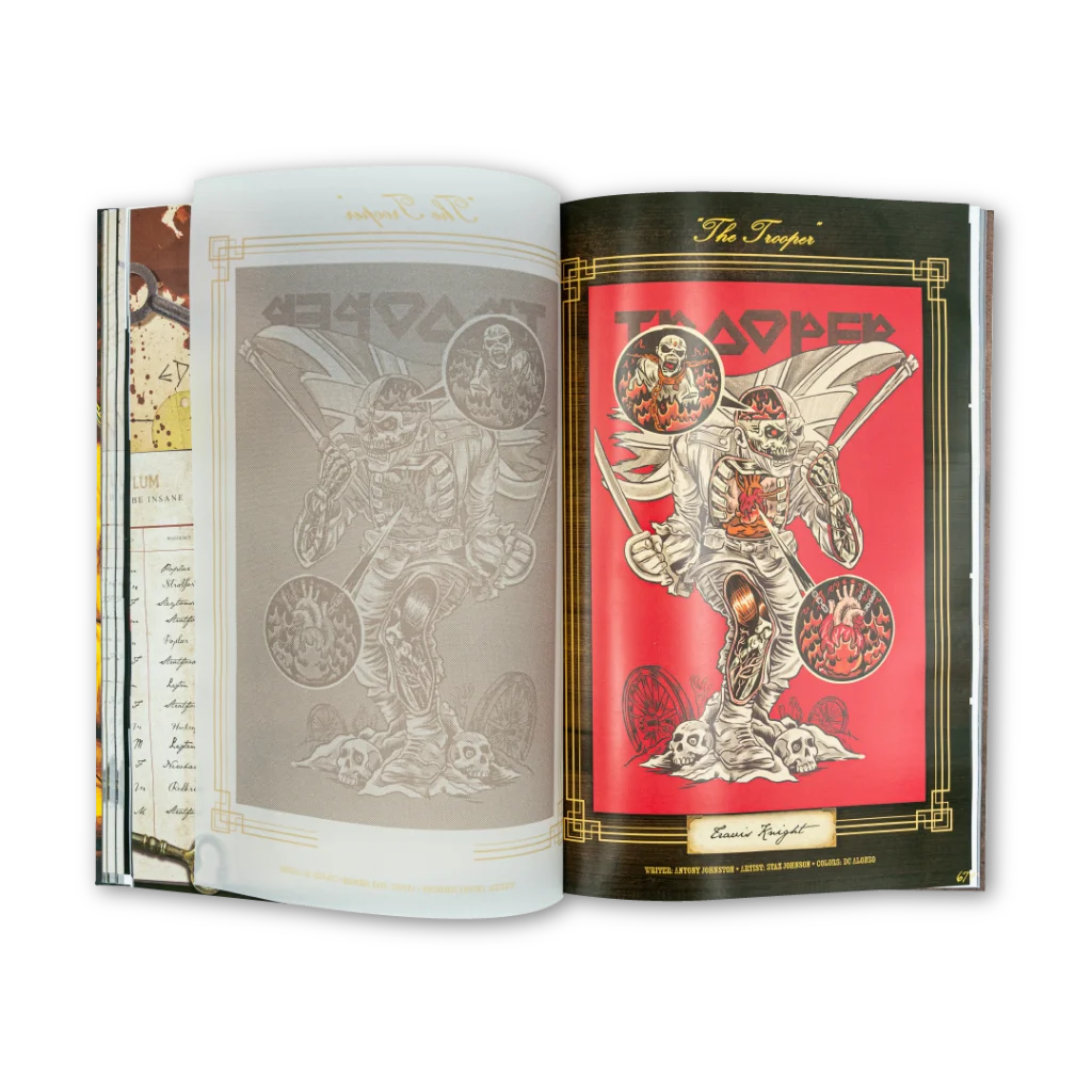Open art book showing skeletal warrior illustration from Iron Maiden Rantz Hoseley set