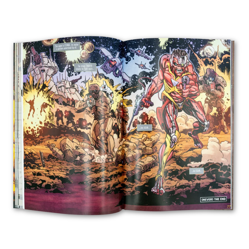 Open Iron Maiden comic book by Rantz Hoseley with a vibrant action-packed spread