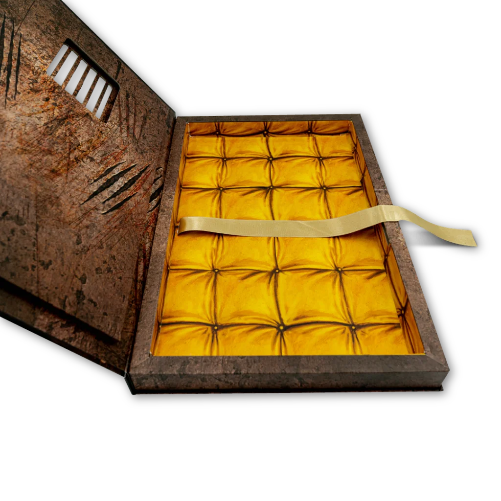 Open distressed wooden box with golden velvet interior from Iron Maiden Rantz Hoseley set