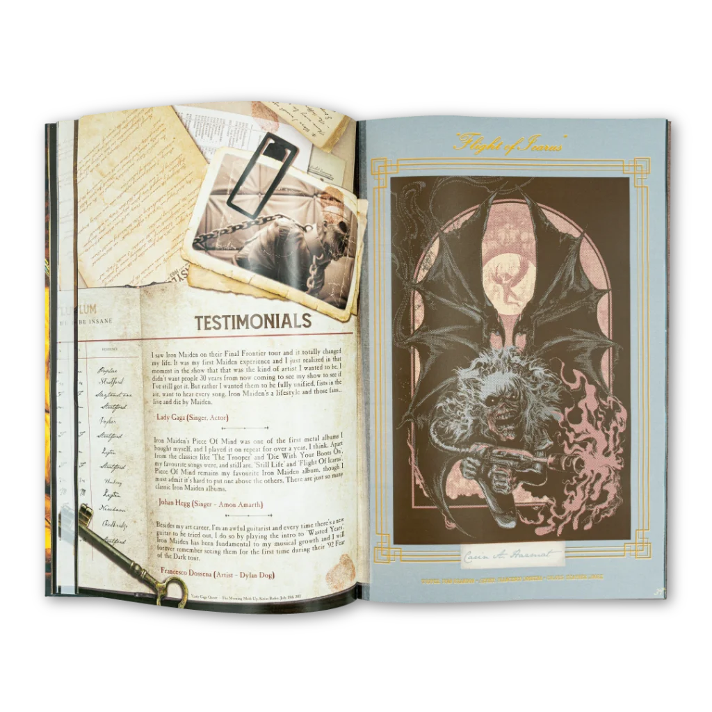 Open book with illustrations and testimonials from Iron Maiden Rantz Hoseley box set