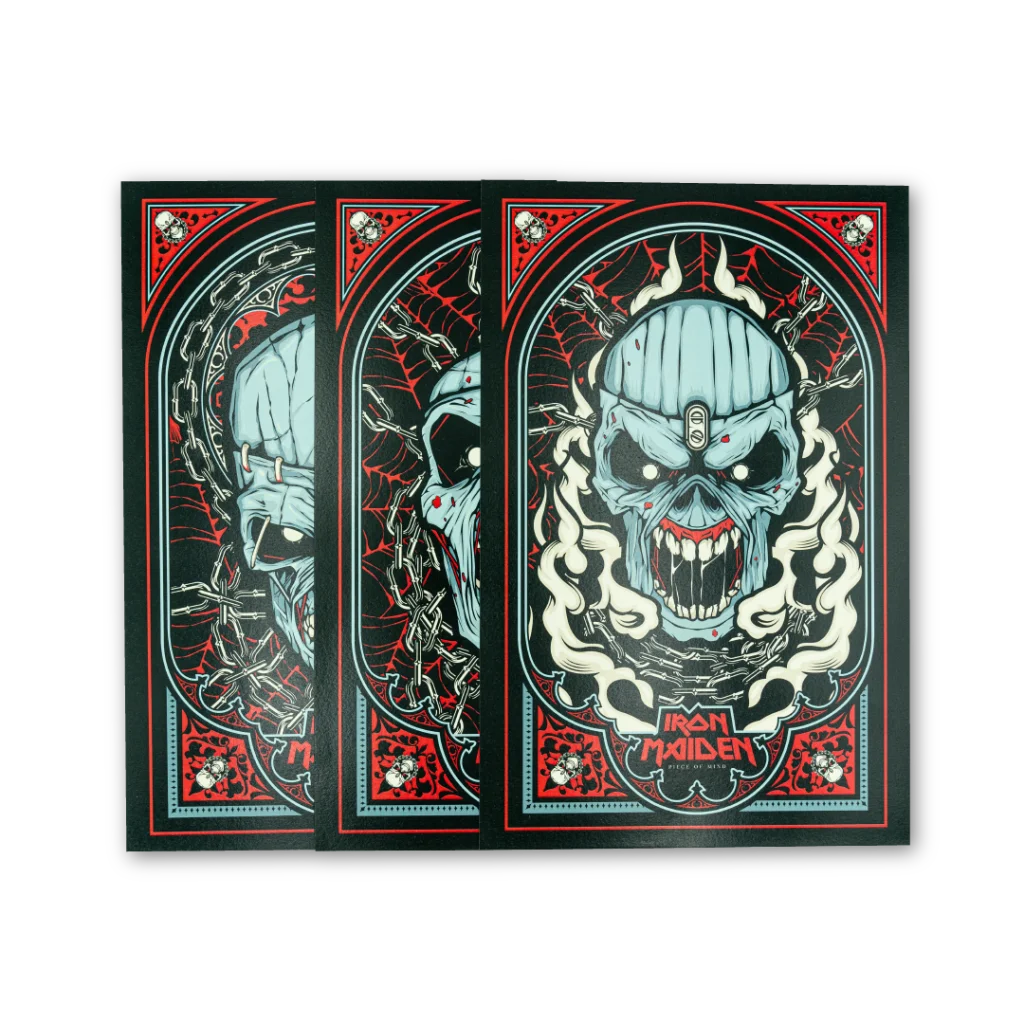 Iron Maiden Eddie skull posters in gothic style from Rantz Hoseley’s Piece of Mind set