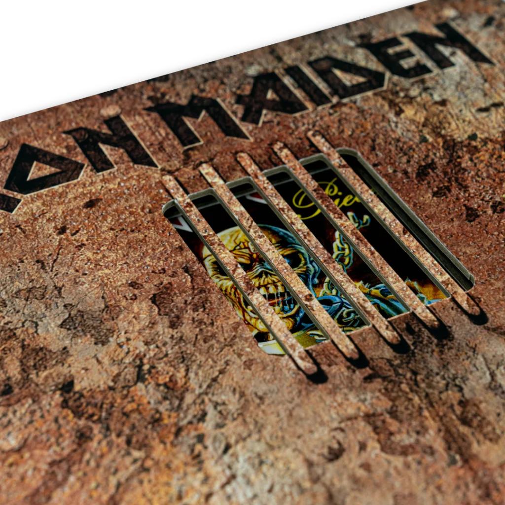 Rugged Iron Maiden themed wallet with rust texture and claw mark design by Rantz Hoseley