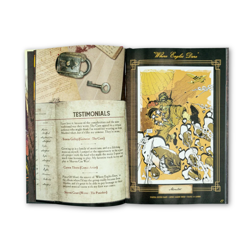 Iron Maiden Piece of Mind Trooper edition cover art with locked book and comic panel by Rantz Hoseley
