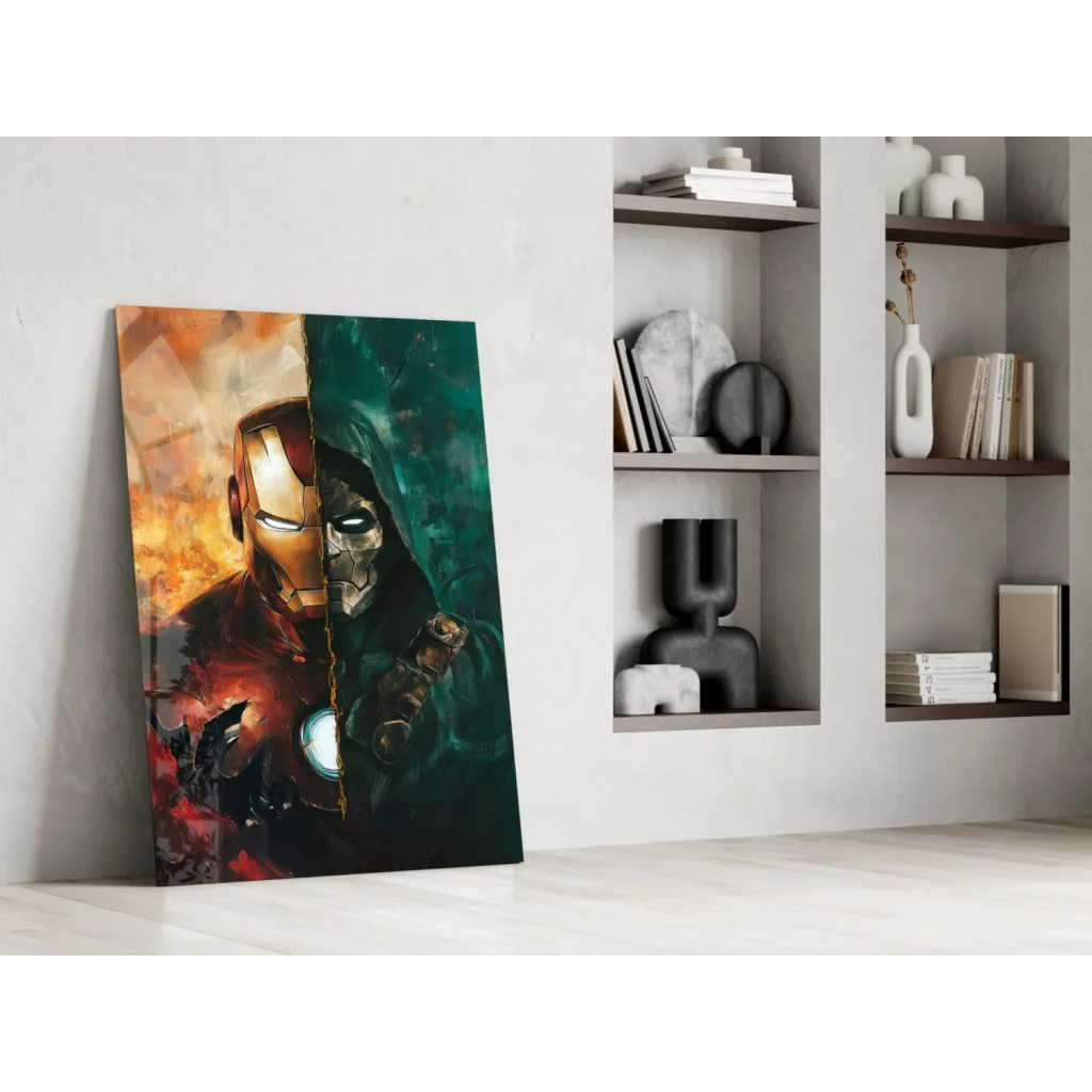 Iron Man vs dark hero split canvas wall art battle scene