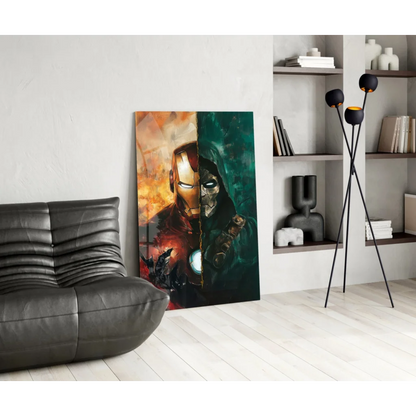 Epic Iron Man vs dark hero split canvas wall art battle scene