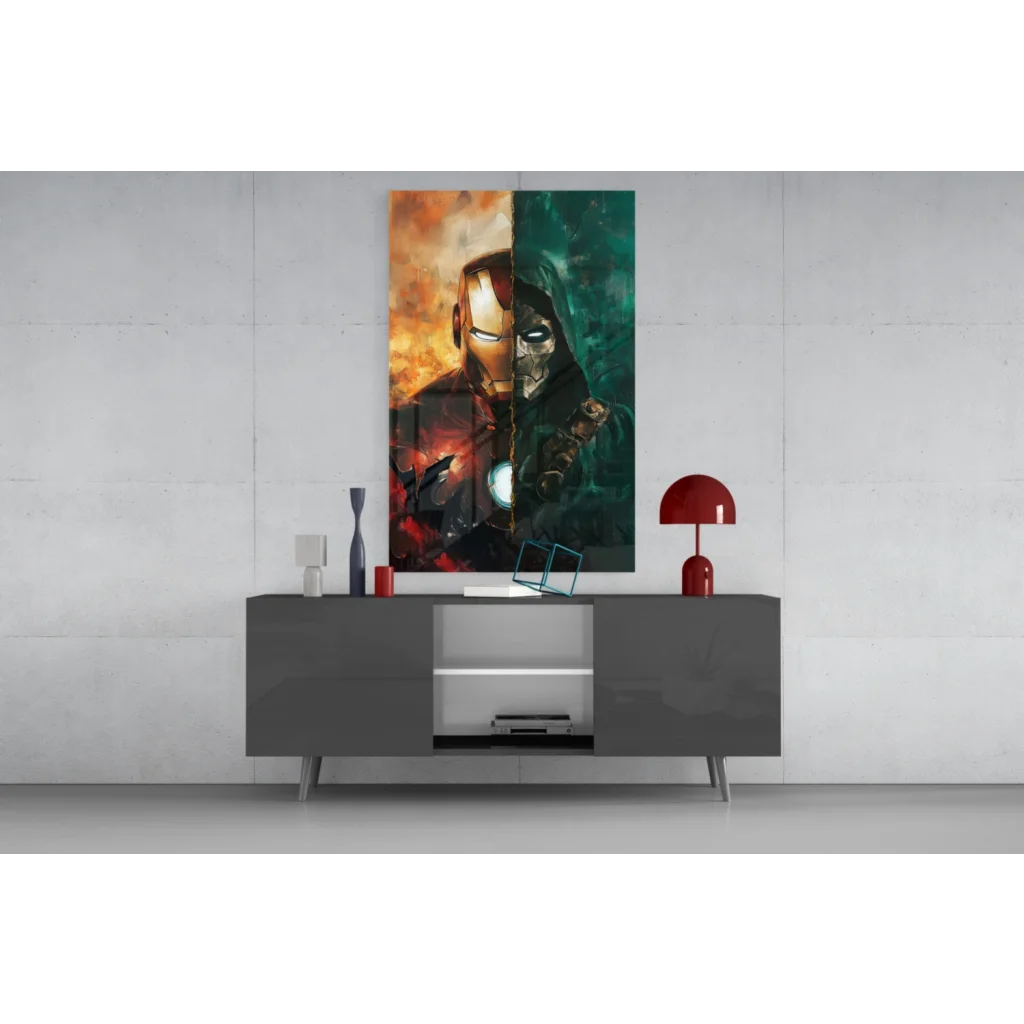 Epic Iron Man split canvas wall art battle scene in fiery tones