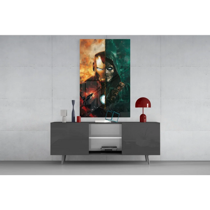 Epic Iron Man split canvas wall art battle scene in fiery tones