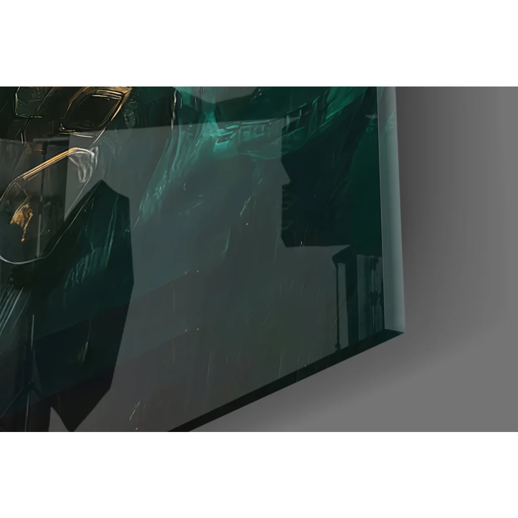 Sleek dark green glass wall art screen with reflective digital interface and golden accents