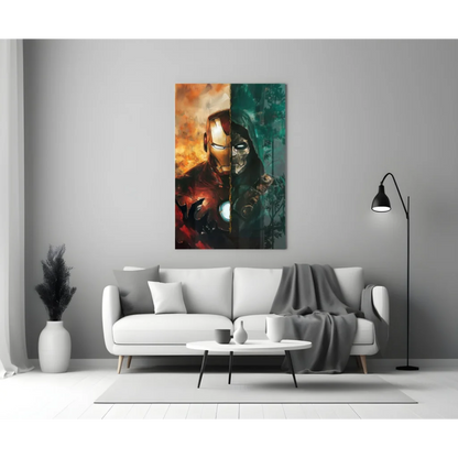 Epic Iron Man split wall art with fiery hero vs green foe