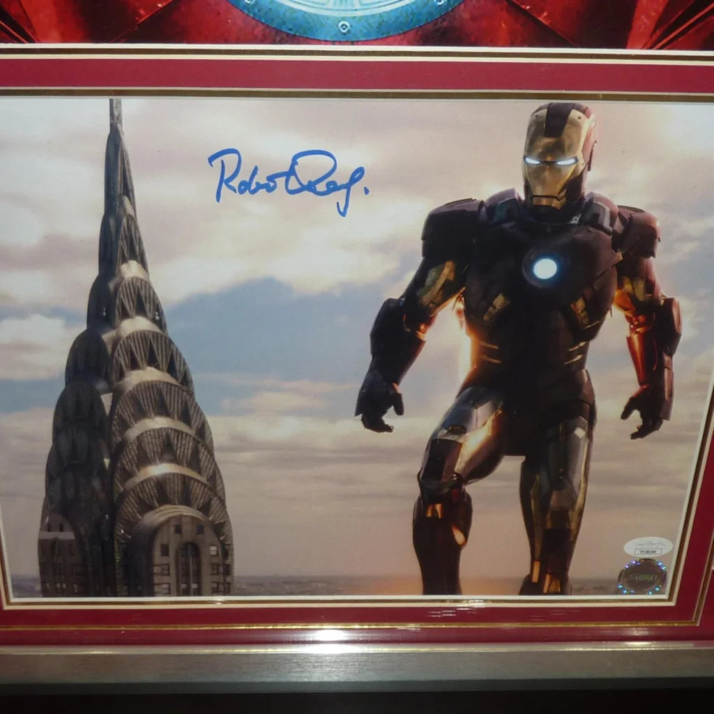 Framed signed Iron Man photo with Robert Downey Jr. autograph, red gold suit before Chrysler Building
