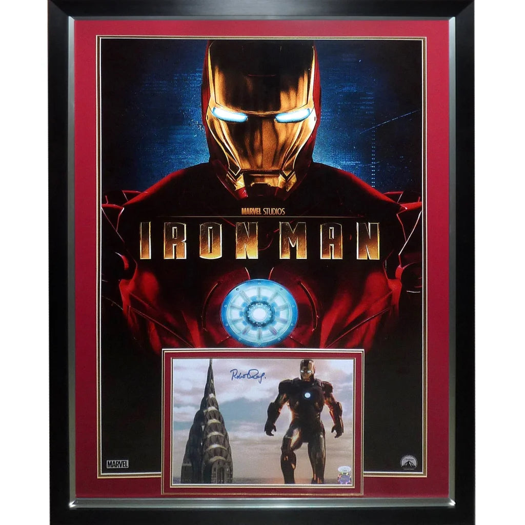Framed Iron Man poster with Robert Downey Jr. autograph, red mat, black frame