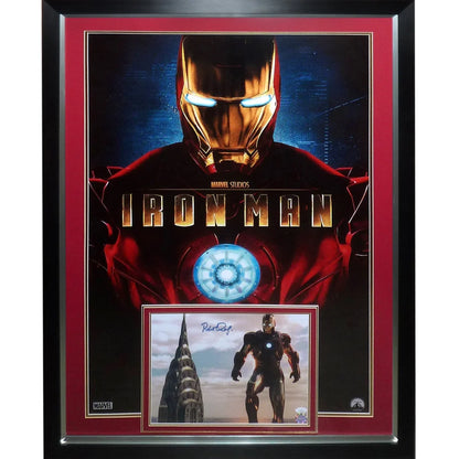 Framed Iron Man poster with Robert Downey Jr. autograph, red mat, black frame