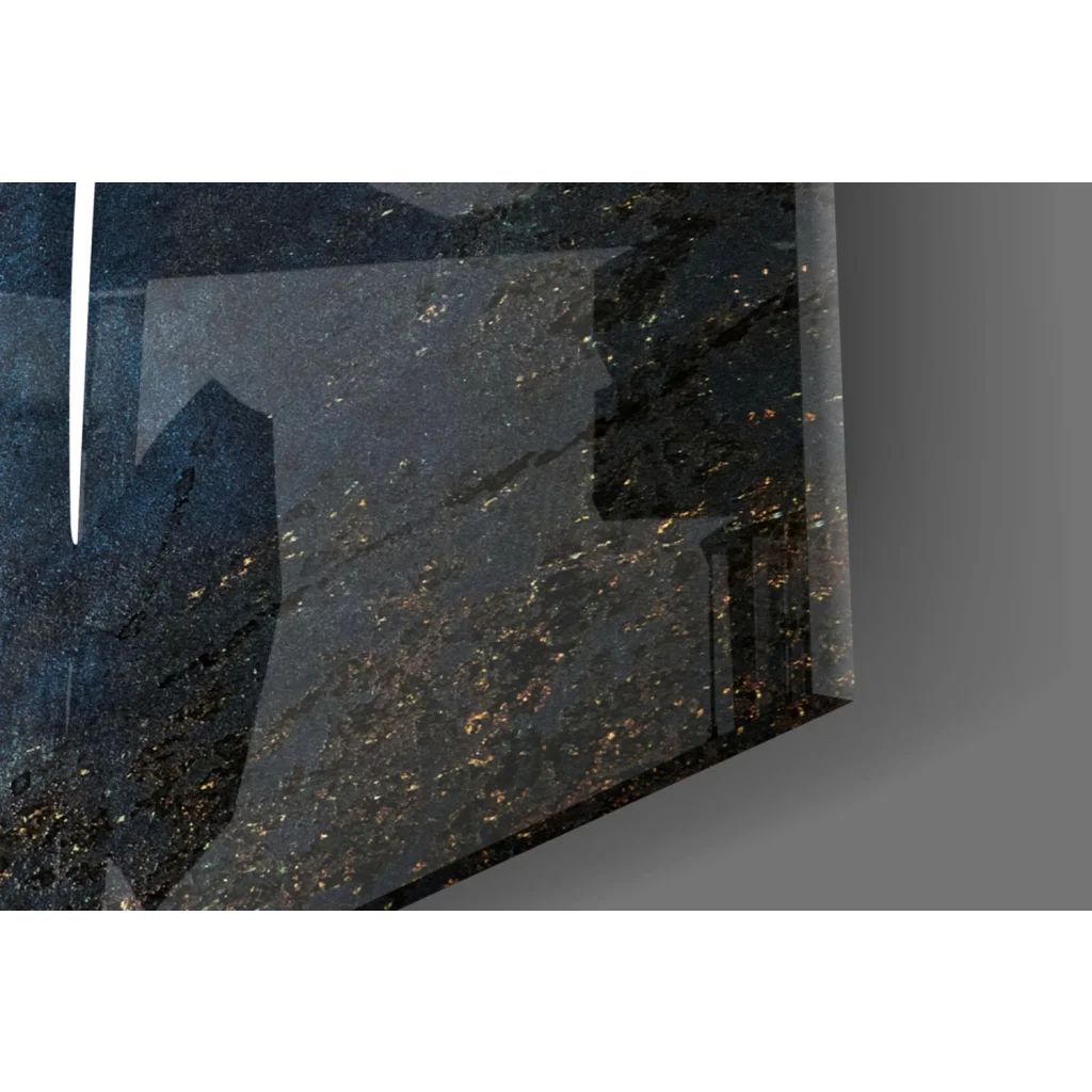 Stunning blue Arabic calligraphy glass wall art on black gold granite