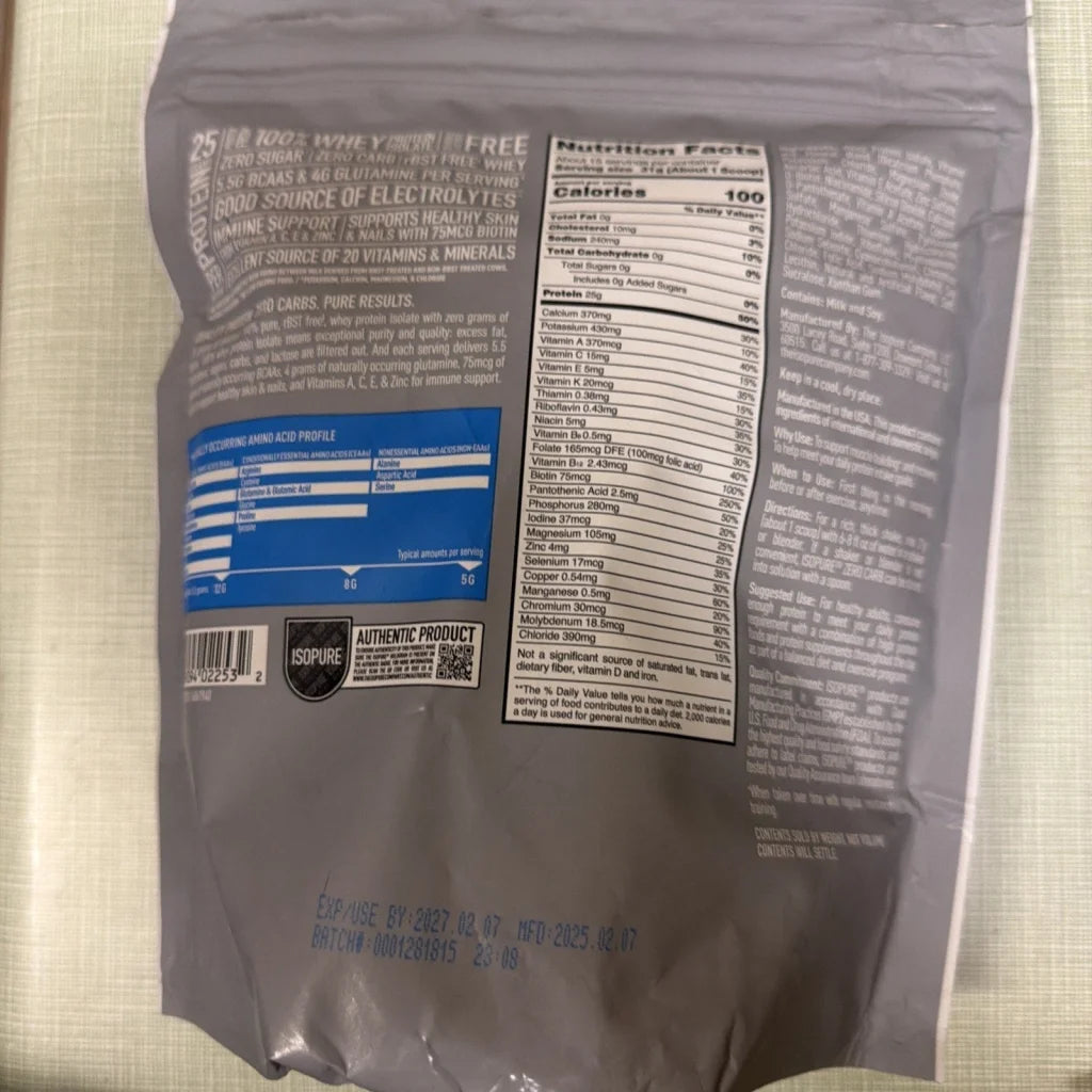 Isopure Zero Carb Whey Isolate Creamy Vanilla 1 lb gray plastic bag