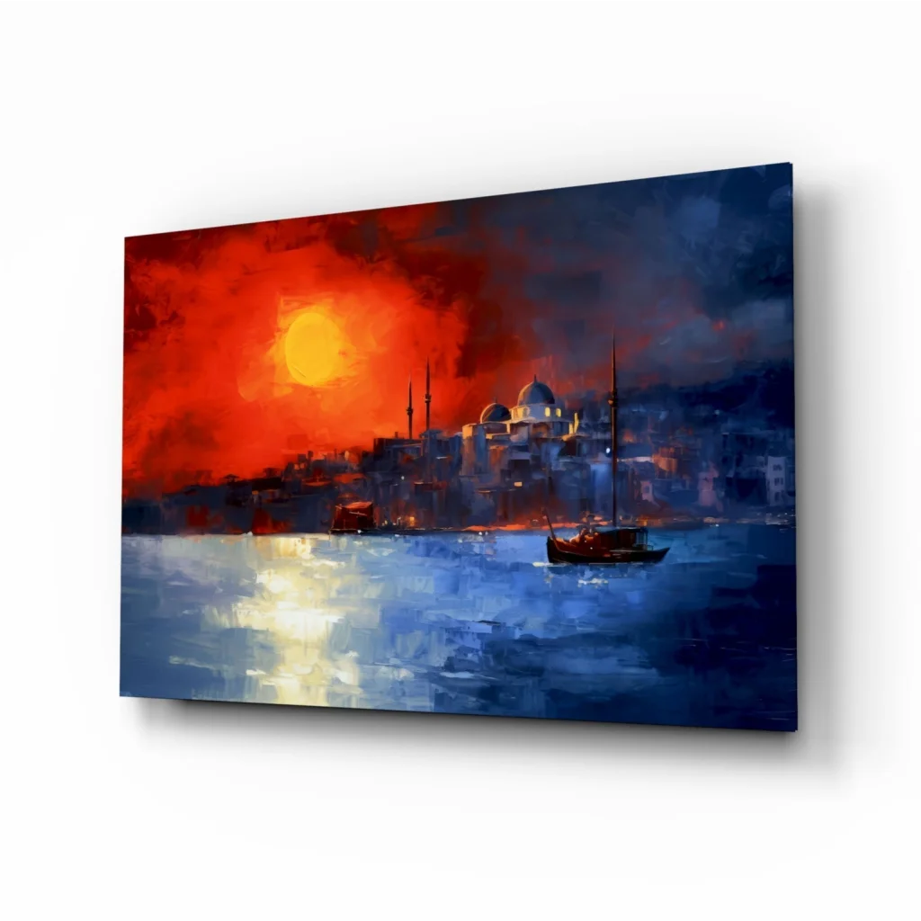 Vibrant Istanbul sunset glass wall art with fiery sky, boats, and domed silhouettes
