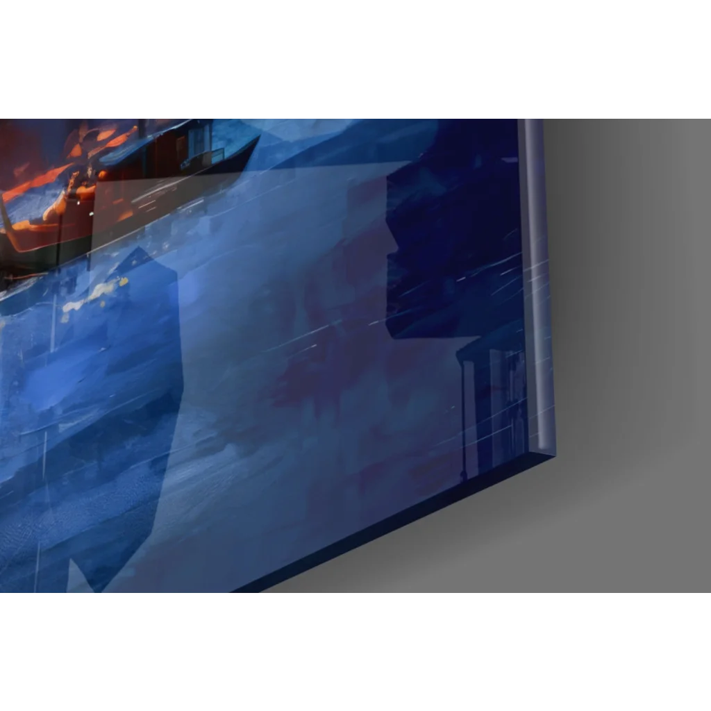 Stylized boat on twilight water in Istanbul sunset glass wall art