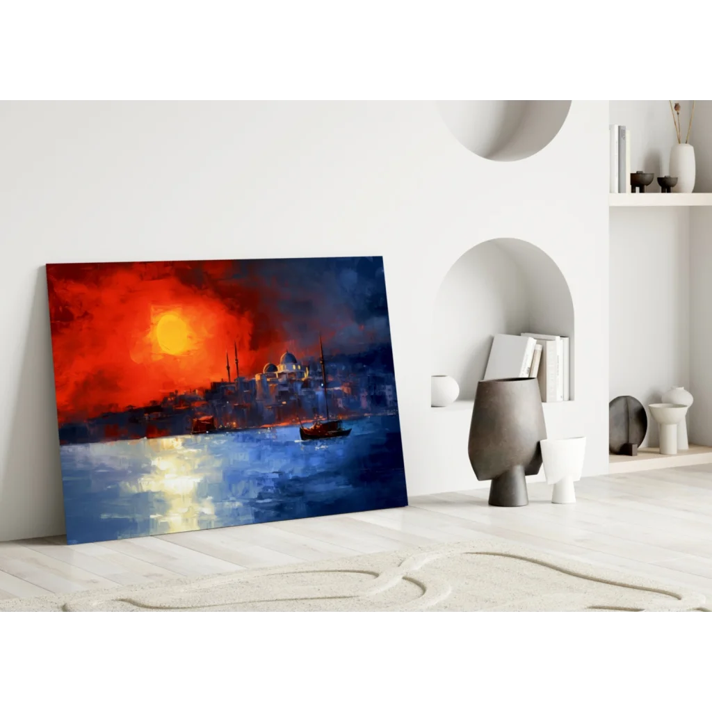 Istanbul sunset glass wall art with fiery red skies, boats, and iconic architecture