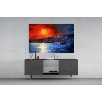 Vibrant Istanbul sunset glass wall art with fiery reds, boats and silhouetted buildings