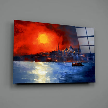 Vibrant Istanbul sunset glass wall art with fiery sky and boats