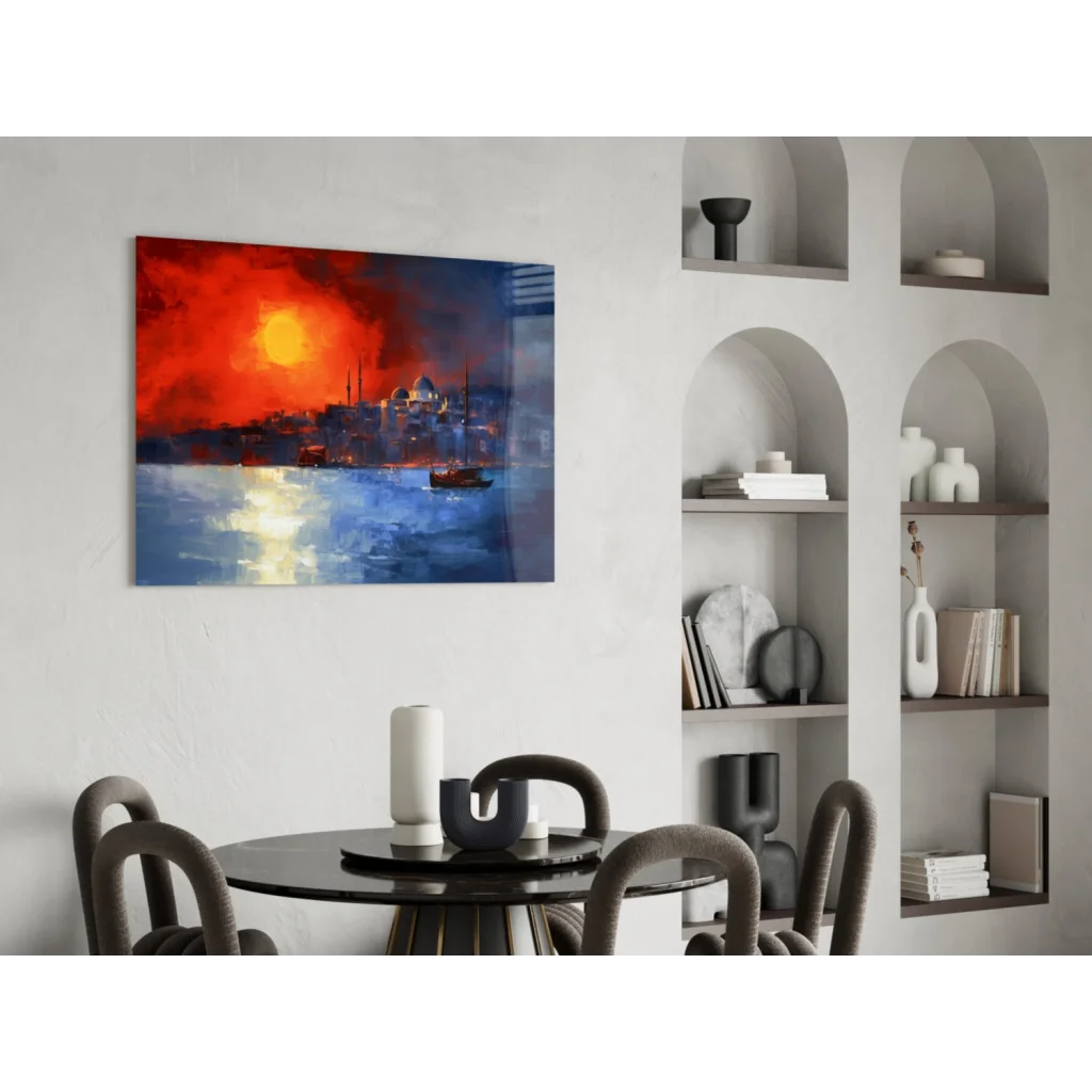 Istanbul sunset glass wall art with fiery reds, boats, and skyline