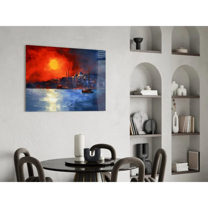 Istanbul sunset glass wall art with fiery reds, boats, and skyline