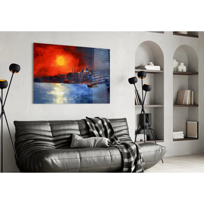 Istanbul sunset glass wall art with fiery orange sky, waves, and boats