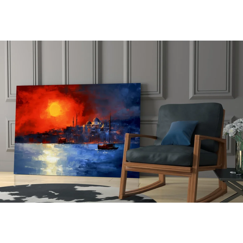 Vibrant Istanbul sunset glass wall art with fiery sky, boats, and buildings