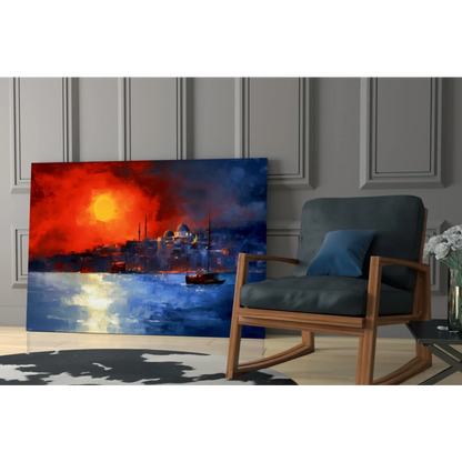 Vibrant Istanbul sunset glass wall art with fiery sky, boats, and buildings