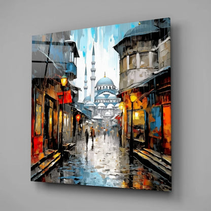 Istanbul Rainy Street Tempered Glass Art with Vibrant Colors | Glass Wall Art Print | vintageantiquesgifts.com