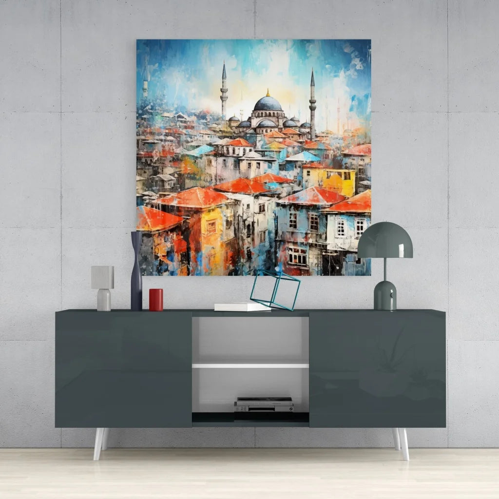 Vibrant blue mosque tempered glass art with historic cityscape