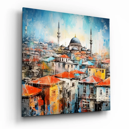 Vibrant watercolor Blue Mosque glass art in tempered glass with orange roofs