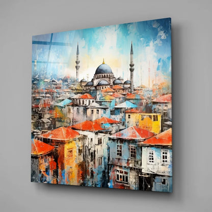 Vibrant blue mosque tempered glass art with orange rooftops