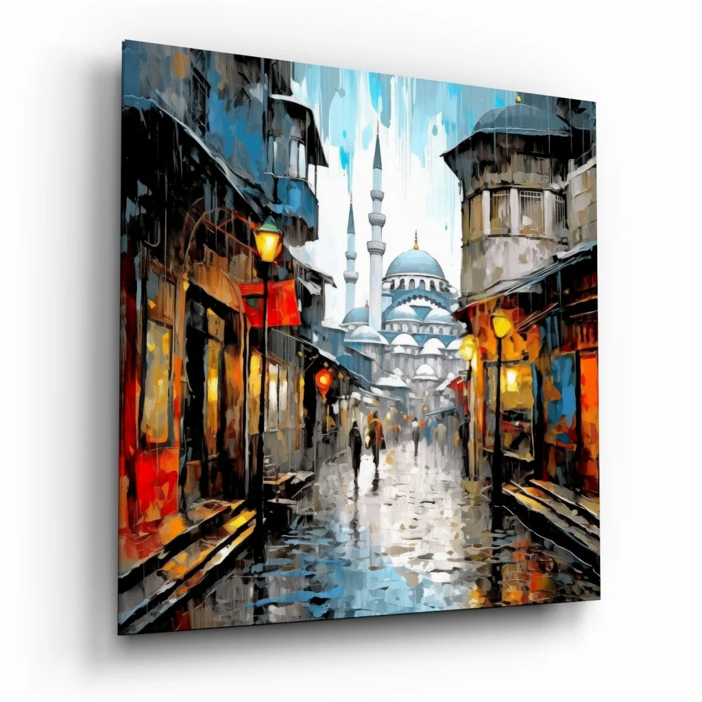 Istanbul Rainy Street Tempered Glass Art with Vibrant Colors | Insigneart USA | vintageantiquesgifts.com