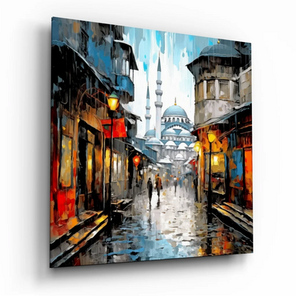 Istanbul Rainy Street Tempered Glass Art with Vibrant Colors | Insigneart USA | vintageantiquesgifts.com